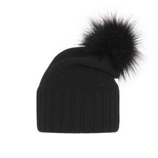 Czapka zimowa damska, czarna, z pomponem, z wełną merino Malga