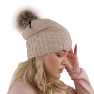 Czapka zimowa damska, czarna, z pomponem, z wełną merino Malga