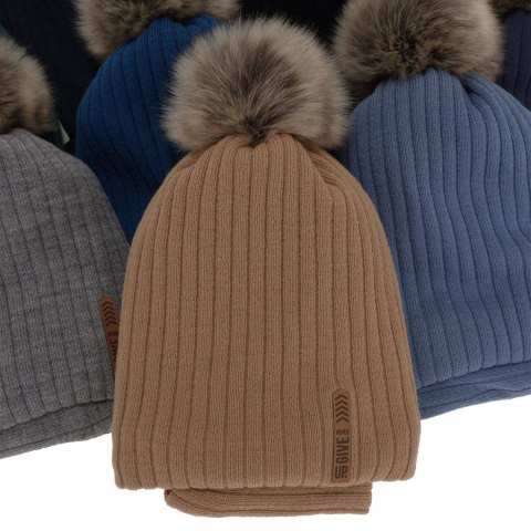 Czapka i komin dla chłopca zimowy komplet, camel, z pomponem, podszyty Kalen Czapka i komin dla chłopca zimowy komplet, camel, z pomponem, podszyty Kalen