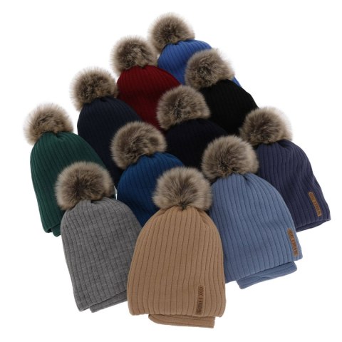Czapka i komin dla chłopca zimowy komplet, camel, z pomponem, podszyty Kalen Czapka i komin dla chłopca zimowy komplet, camel, z pomponem, podszyty Kalen