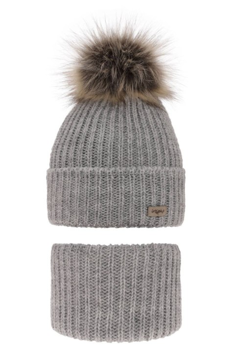Czapka i komin dla dziewczynki zimowy komplet, szary, z pomponem Willow Czapka i komin dla dziewczynki zimowy komplet, szary, z pomponem Willow