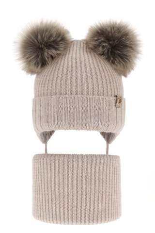 Komplet zimowy dla dziewczynki: czapka i komin beżowy 100% wełniany extrafine merino Silvia