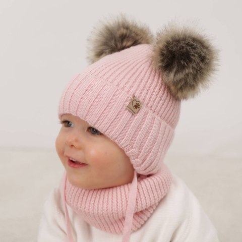 Komplet zimowy dla dziewczynki: czapka i komin różowy 100% wełniany extrafine merino Silvia