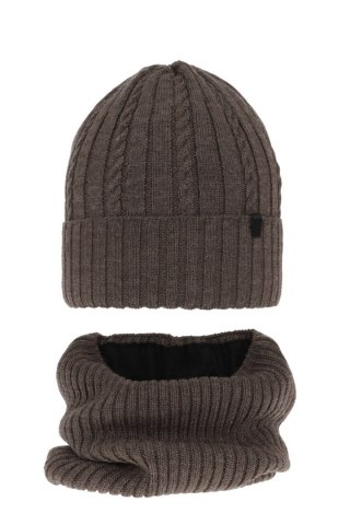 Czapka i komin dla chłopca zimowy komplet, brązowy, z wełną merino, podszyty polarem Kairo