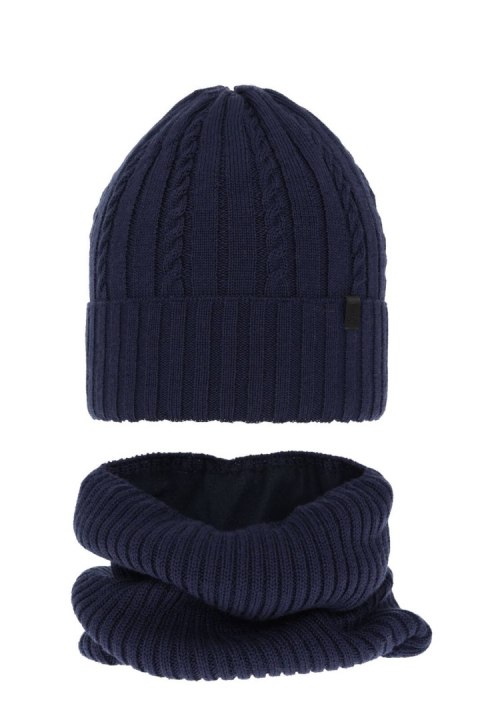 Czapka i komin dla chłopca zimowy komplet, granatowy, z wełną merino Kairo Czapka i komin dla chłopca zimowy komplet, granatowy, z wełną merino Kairo
