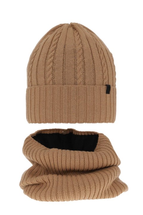 Czapka i komin dla chłopca zimowy komplet, camel, z wełną merino, podszyty polarem Kairo Czapka i komin dla chłopca zimowy komplet, camel, z wełną merino, podszyty polarem Kairo