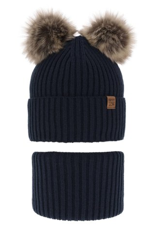 Czapka i komin dla chłopca zimowy komplet, granatowy, z dwoma pomponami Oxford