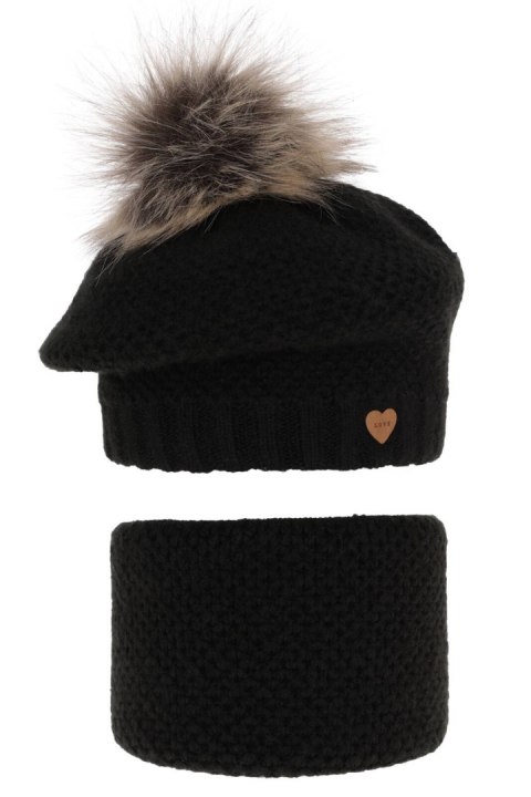 Komplet zimowy dla dziewczynki: beret z pomponem i komin czarny Francesca Komplet zimowy dla dziewczynki: beret z pomponem i komin czarny Francesca