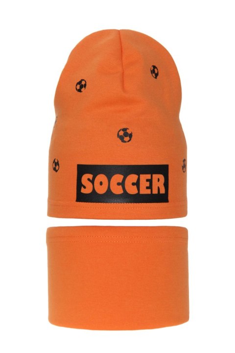 Czapka i komin dla chłopca jesienny, wiosenny komplet, pomarańczowy, bawełniany Soccer Czapka i komin dla chłopca jesienny, wiosenny komplet, pomarańczowy, bawełniany Soccer