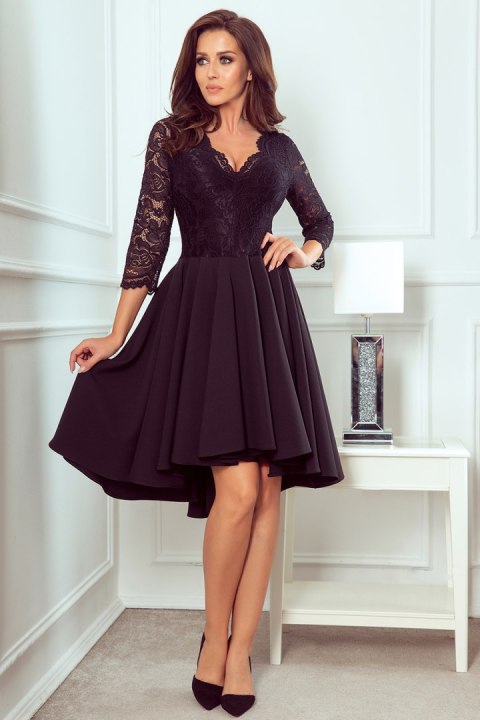 210-10 NICOLLE - sukienka z dłuższym tyłem z koronkowym dekoltem - CZARNA - XL 210-10 NICOLLE - sukienka z dłuższym tyłem z koronkowym dekoltem - CZARNA - XL