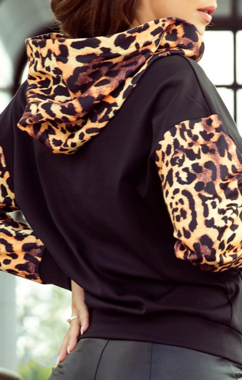 279-2 Bluza kangurka z kapturem - czarna z panterkowymi wstawkami - XL