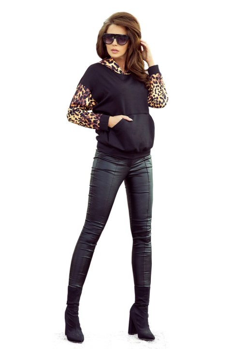 279-2 Bluza kangurka z kapturem - czarna z panterkowymi wstawkami - XL