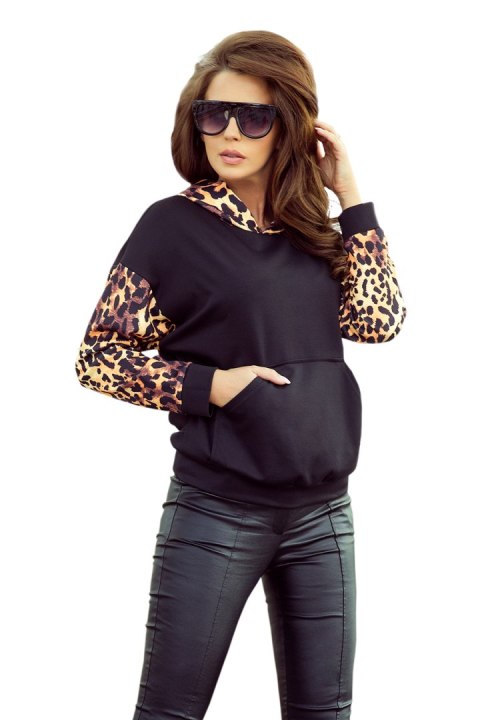 279-2 Bluza kangurka z kapturem - czarna z panterkowymi wstawkami - XL
