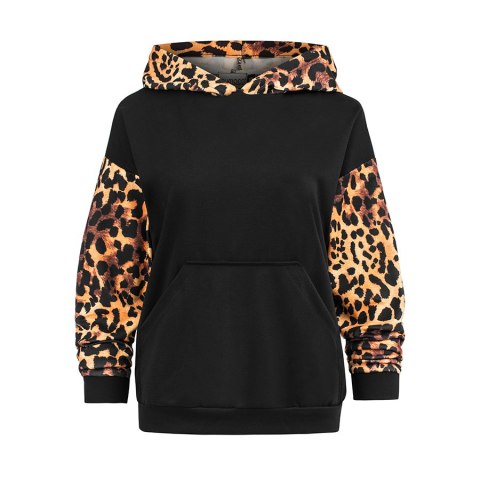 279-2 Bluza kangurka z kapturem - czarna z panterkowymi wstawkami - XL