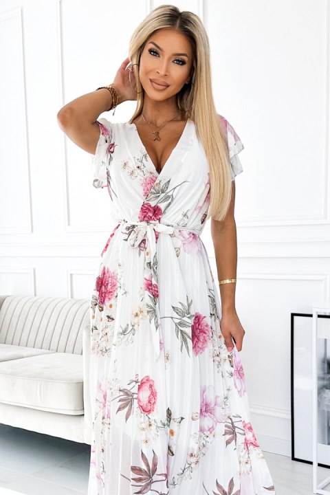 434-6 LISA Plisowana sukienka midi z dekoltem i falbankami - wiosenne kwiaty na białym tle - UNI 434-6 LISA Plisowana sukienka midi z dekoltem i falbankami - wiosenne kwiaty na białym tle - UNI