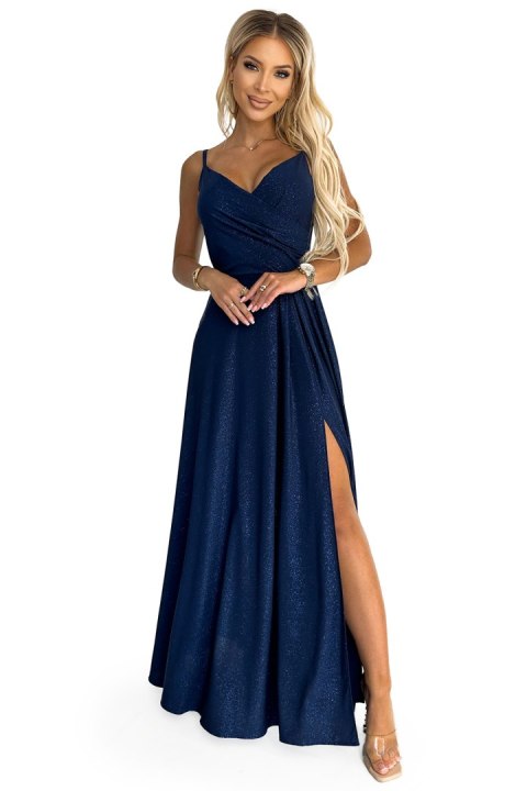 299-10 CHIARA elegancka maxi długa suknia na ramiączkach - GRANATOWA Z BROKATEM - XL