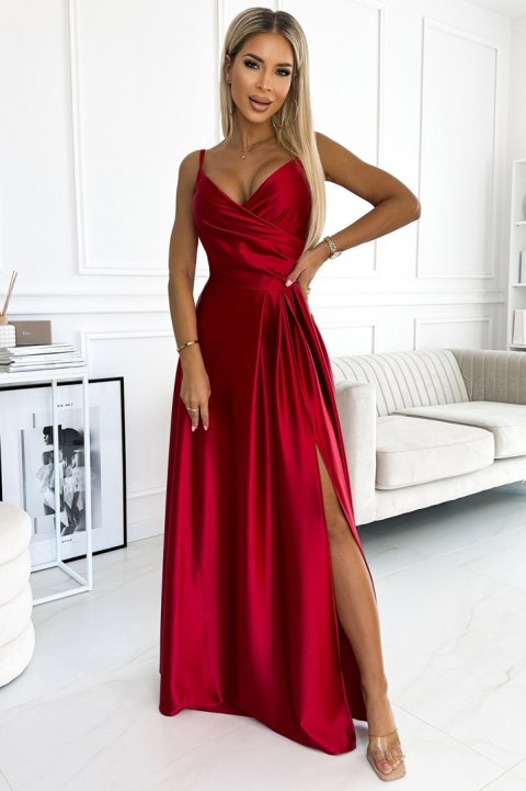 299-14 CHIARA elegancka maxi długa satynowa suknia na ramiączkach - CZERWONA - L 299-14 CHIARA elegancka maxi długa satynowa suknia na ramiączkach - CZERWONA - L