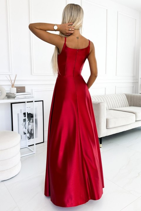 299-14 CHIARA elegancka maxi długa satynowa suknia na ramiączkach - CZERWONA - L 299-14 CHIARA elegancka maxi długa satynowa suknia na ramiączkach - CZERWONA - L