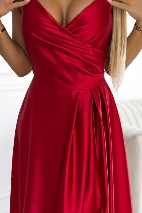 299-14 CHIARA elegancka maxi długa satynowa suknia na ramiączkach - CZERWONA - L 299-14 CHIARA elegancka maxi długa satynowa suknia na ramiączkach - CZERWONA - L
