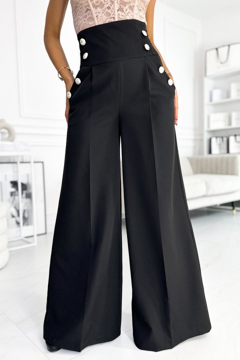 496-1 Eleganckie szerokie spodnie z wysokim stanem i złotymi guzikami - CZARNE - L 496-1 Eleganckie szerokie spodnie z wysokim stanem i złotymi guzikami - CZARNE - L