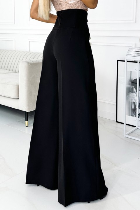 496-1 Eleganckie szerokie spodnie z wysokim stanem i złotymi guzikami - CZARNE - L 496-1 Eleganckie szerokie spodnie z wysokim stanem i złotymi guzikami - CZARNE - L