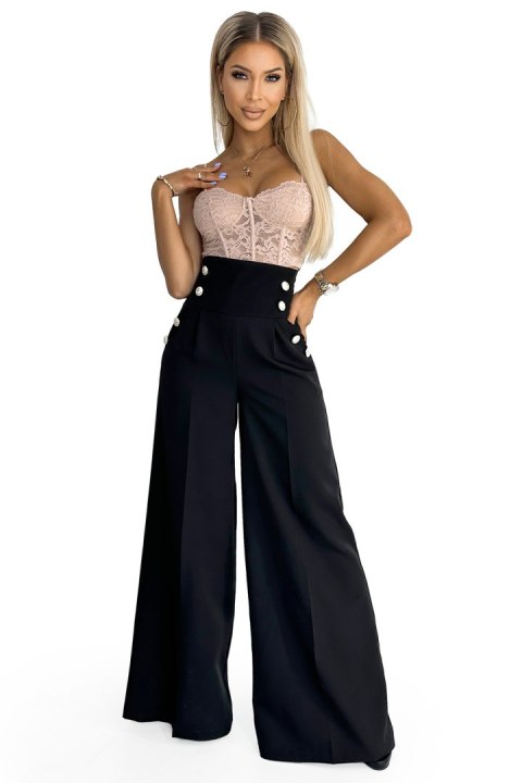 496-1 Eleganckie szerokie spodnie z wysokim stanem i złotymi guzikami - CZARNE - L 496-1 Eleganckie szerokie spodnie z wysokim stanem i złotymi guzikami - CZARNE - L