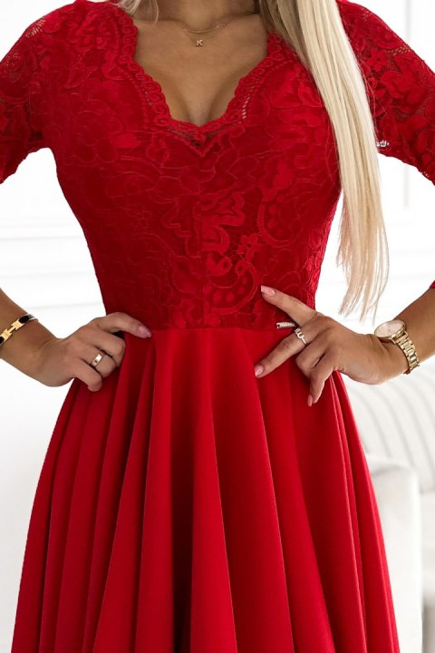 210-16 NICOLLE sukienka z koronkowym dekoltem i dłuższym tyłem - czerwona - XXXXL 210-16 NICOLLE sukienka z koronkowym dekoltem i dłuższym tyłem - czerwona - XXXXL