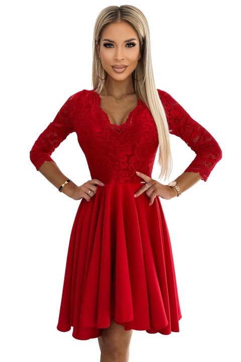 210-16 NICOLLE sukienka z koronkowym dekoltem i dłuższym tyłem - czerwona - XXXXL 210-16 NICOLLE sukienka z koronkowym dekoltem i dłuższym tyłem - czerwona - XXXXL