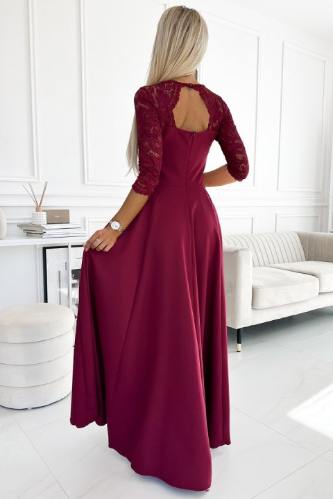 309-9 AMBER elegancka długa suknia maxi z koronkowym dekoltem - BORDOWA - XL