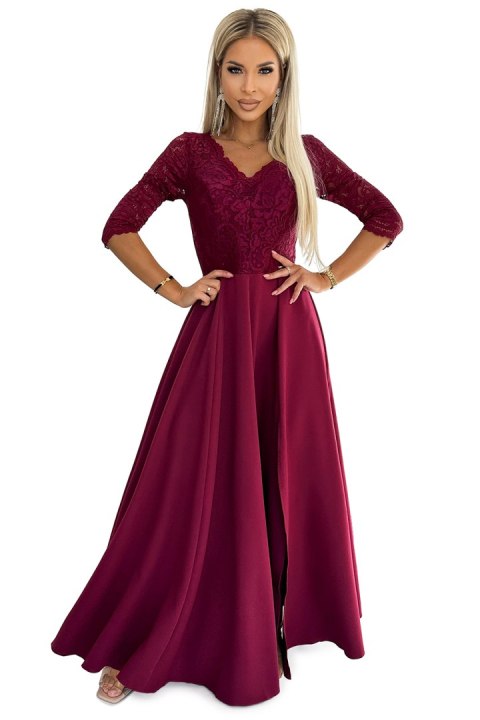 309-9 AMBER elegancka długa suknia maxi z koronkowym dekoltem - BORDOWA - XL