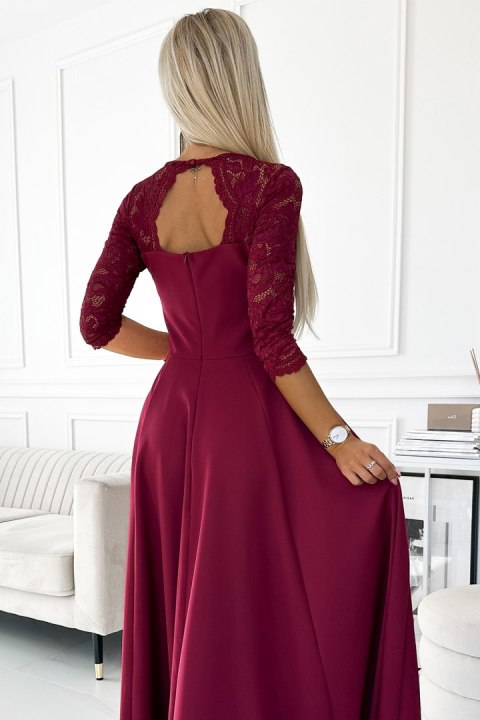 309-9 AMBER elegancka długa suknia maxi z koronkowym dekoltem - BORDOWA - XXL