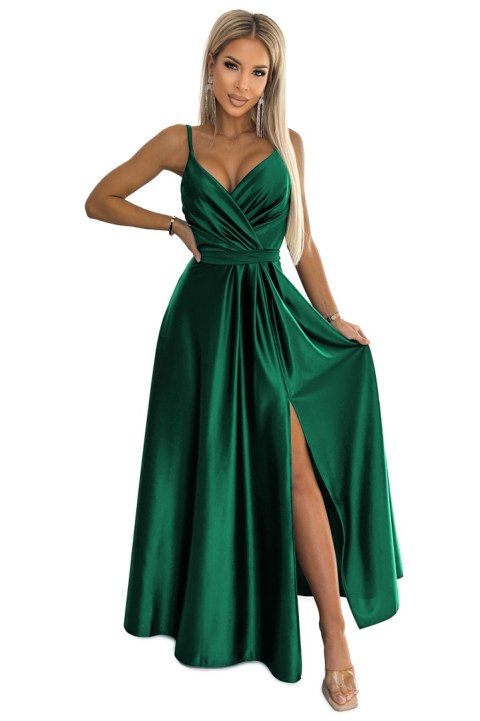 512-1 JULIET elegancka długa satynowa suknia z dekoltem - ZIELEŃ BUTELKOWA - XL 512-1 JULIET elegancka długa satynowa suknia z dekoltem - ZIELEŃ BUTELKOWA - XL