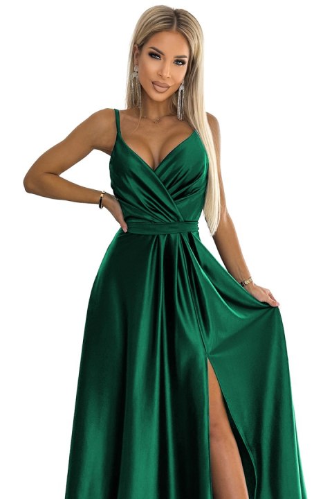 512-1 JULIET elegancka długa satynowa suknia z dekoltem - ZIELEŃ BUTELKOWA - XL 512-1 JULIET elegancka długa satynowa suknia z dekoltem - ZIELEŃ BUTELKOWA - XL