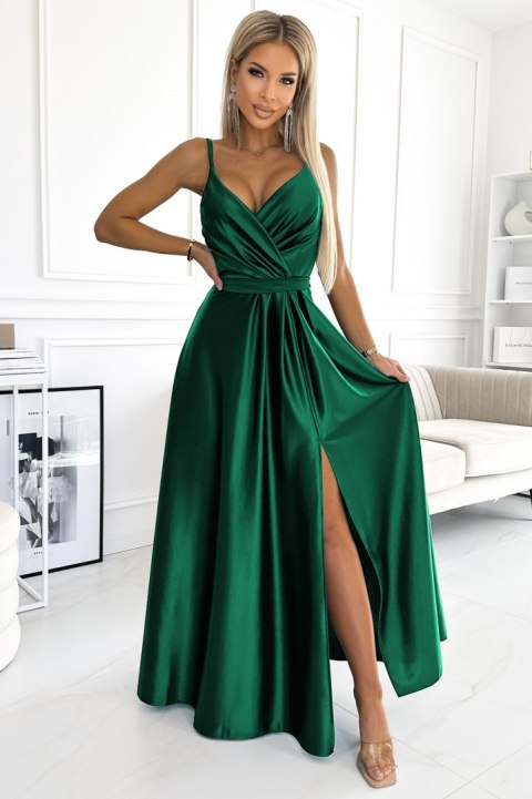 512-1 JULIET elegancka długa satynowa suknia z dekoltem - ZIELEŃ BUTELKOWA - S