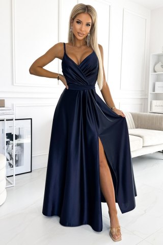 512-2 JULIET elegancka długa satynowa suknia z dekoltem - GRANATOWA - XL