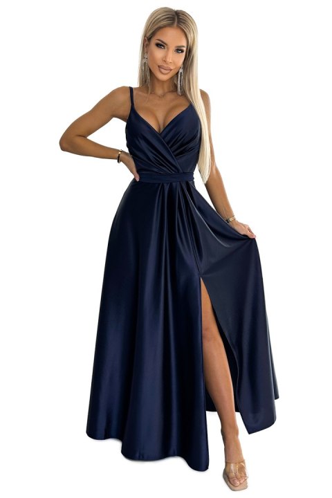 512-2 JULIET elegancka długa satynowa suknia z dekoltem - GRANATOWA - M