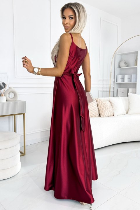 512-6 JULIET elegancka długa satynowa suknia z dekoltem i rozcięciem na nogę - BORDOWA - L 512-6 JULIET elegancka długa satynowa suknia z dekoltem i rozcięciem na nogę - BORDOWA - L