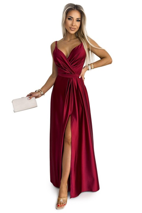 512-6 JULIET elegancka długa satynowa suknia z dekoltem i rozcięciem na nogę - BORDOWA - XL 512-6 JULIET elegancka długa satynowa suknia z dekoltem i rozcięciem na nogę - BORDOWA - XL