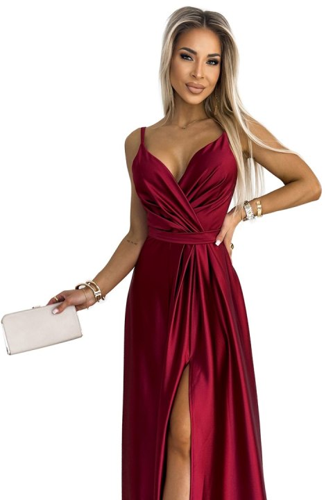 512-6 JULIET elegancka długa satynowa suknia z dekoltem i rozcięciem na nogę - BORDOWA - XL 512-6 JULIET elegancka długa satynowa suknia z dekoltem i rozcięciem na nogę - BORDOWA - XL