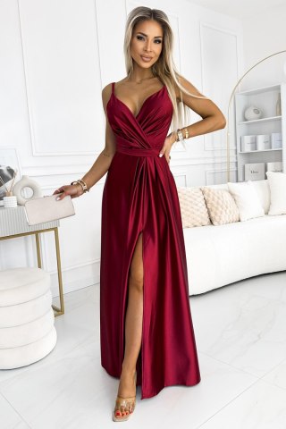 512-6 JULIET elegancka długa satynowa suknia z dekoltem i rozcięciem na nogę - BORDOWA - M