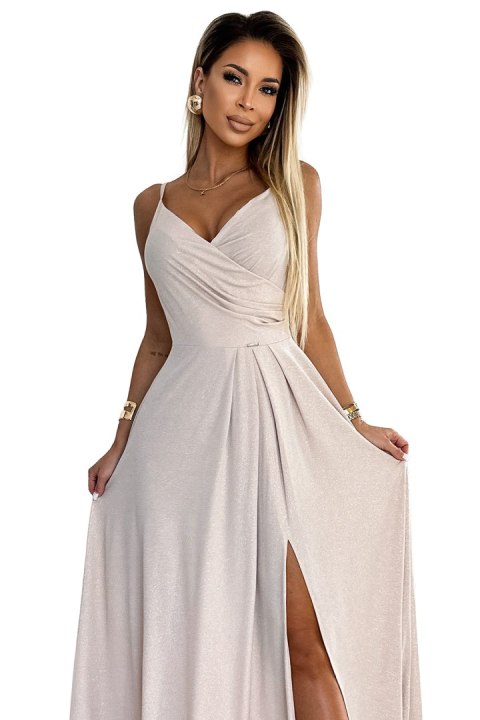 299-15 CHIARA elegancka maxi długa suknia na ramiączkach - BEŻOWA Z BROKATEM - XL