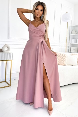 299-16 CHIARA elegancka maxi długa suknia na ramiączkach - BRUDNY RÓŻ - XL