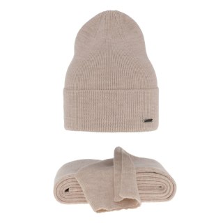 Komplet wiosenno - zimowy damski: czapka i szalik beżowy 100% wełniany extrafine merino Melpomena
