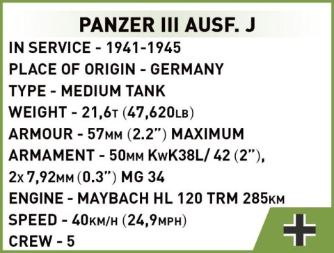 COBI 2712 Historical Collection WWII Czołg Panzer III Ausf. J 292 klocki