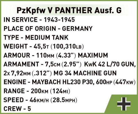 COBI 2713 Historical Collection WWII Czołg PzKpfw V Panther Ausf. G 298 klocków