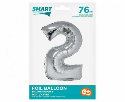 Balon foliowy Smart, Cyfra 2, srebrna, 76 cm