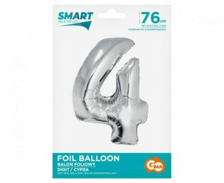 Balon foliowy Smart, Cyfra 4, srebrna, 76 cm