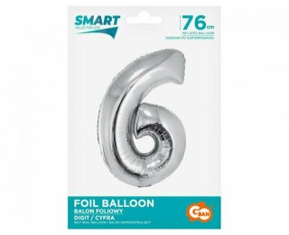 Balon foliowy Smart, Cyfra 6, srebrna, 76 cm