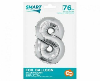 Balon foliowy Smart, Cyfra 8, srebrna, 76 cm