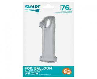 Balon foliowy Smart, Cyfra 1, srebrna, 76 cm